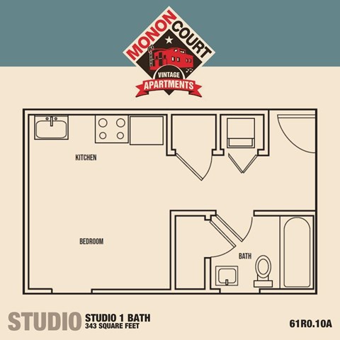 A floor plan of a studio apartment with a kitchen, bedroom, and bathroom.